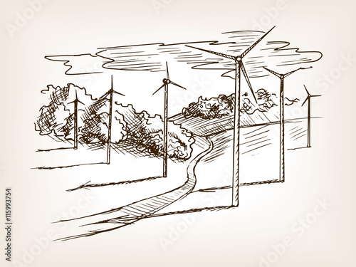 Wind power plant sketch vector illustration