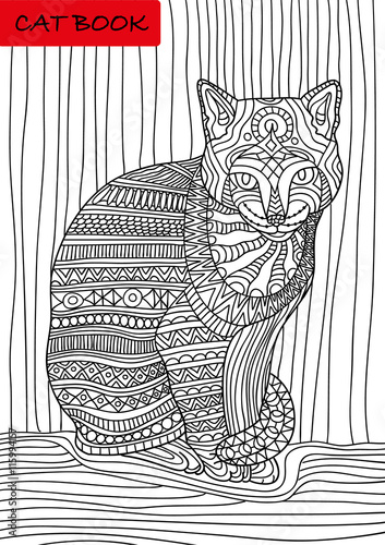 Cat's book. Colorized patterns cat sits and looks seriously