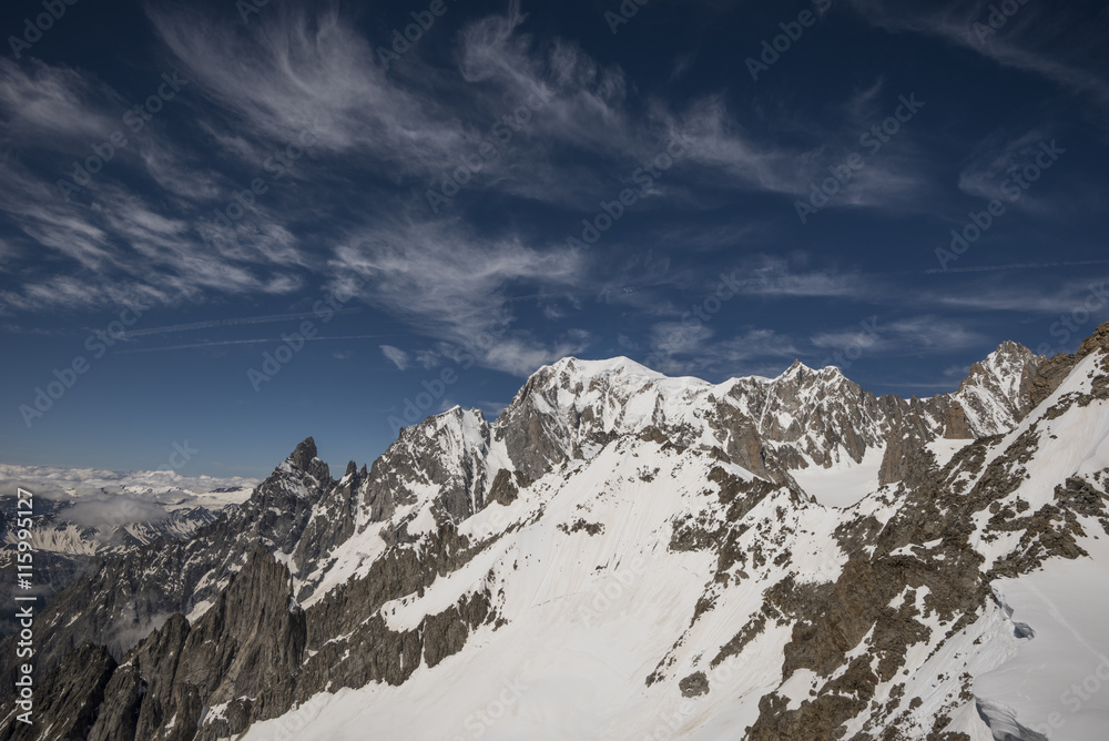 Mont Blanc peak and Aiguille Noire de Peuteurey, Mont Blanc massif, Helbronner point, Italy