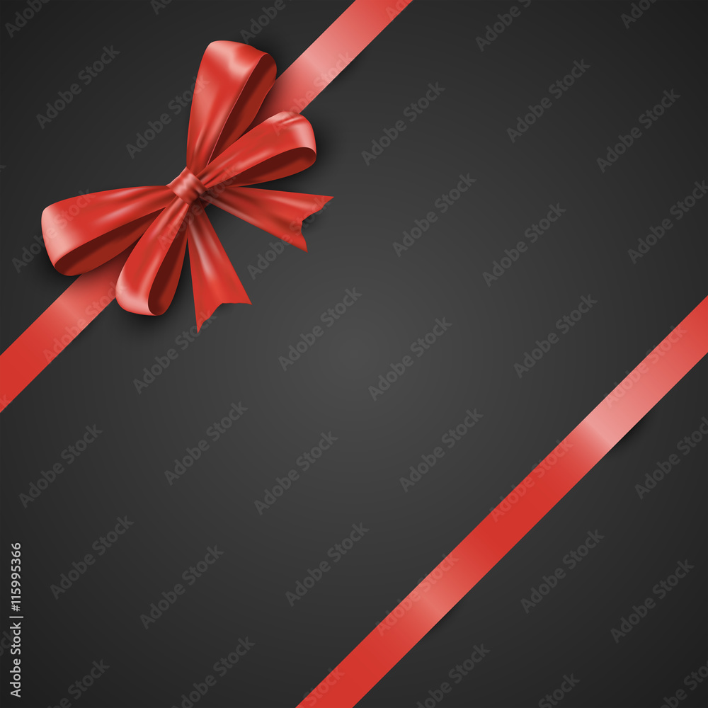 Gift realistic red bow and ribbons tilted on a black background. Beautiful vector illustration EPS 10 Gift realistic red bow and ribbons tilted on a black background. Beautiful vector illustration EPS 10