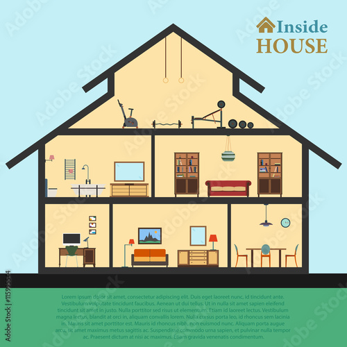 Detailed house in cut. Different modern furniture interiors. Flat style vector illustration 