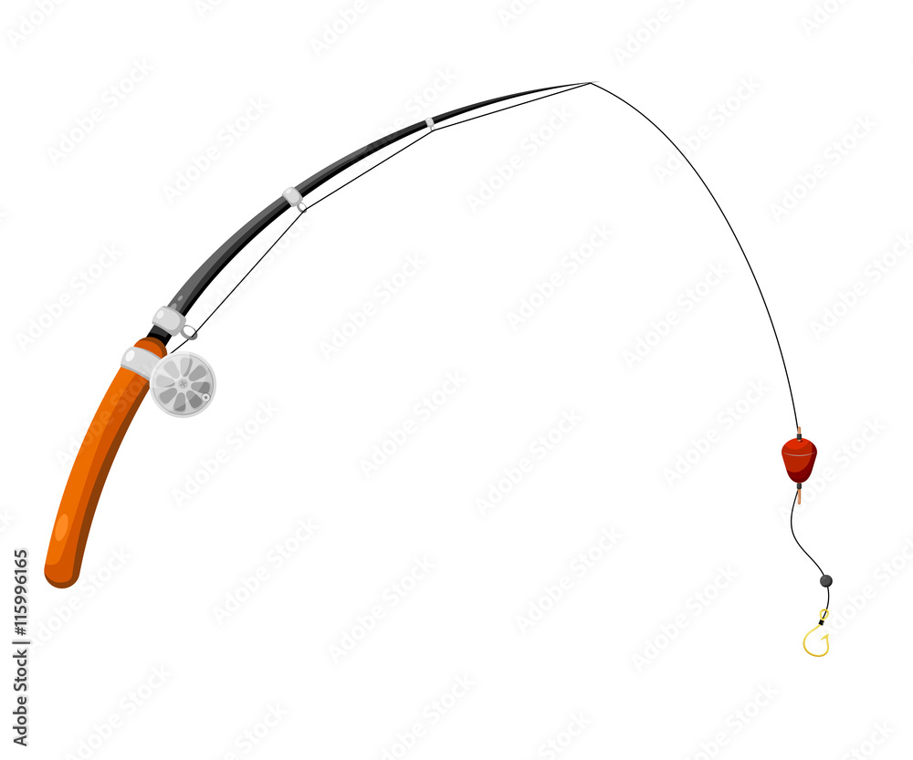 Fishing rod with fishing line, reel, hook and float. Cartoon sty