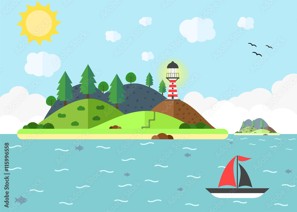 Travel scene in the sea with lighthouse, hill, tree, and sail boat. Summer time holiday voyage concept. Flat vector illustration Travel scene in the sea with lighthouse, hill, tree, and sail boat. Summer time holiday voyage concept. Flat vector illustration