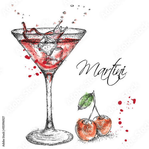 Hand drawn martini cocktail in glass with cherry. Vector illustration