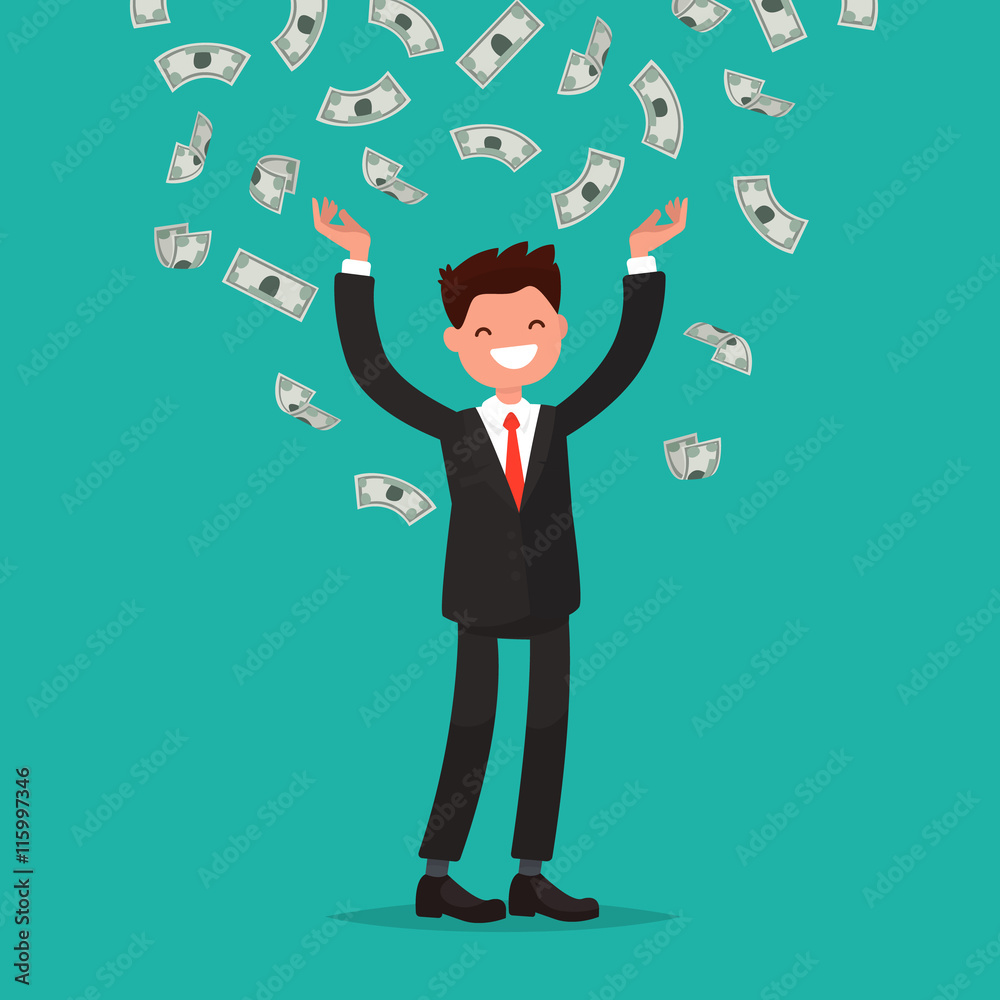 Money bills fall to the joyful businessman. Vector illustration