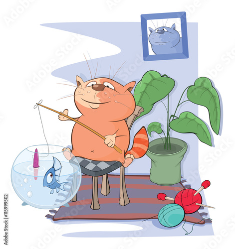 Illustration of a Cute Cat Fisherman. Cartoon Character 