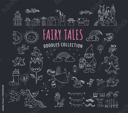 Collection of fairy tales hand drawn doodles, illustrations