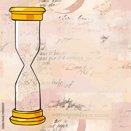Vector drawing of vintage hourglass on background of old texts