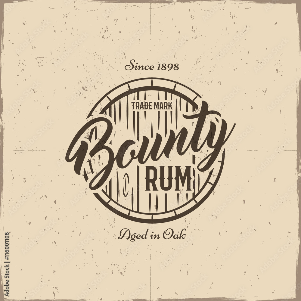 Obraz premium Vintage handcrafted label, emblem with old barrel and vector sign - bounty rum. Sketching filled style. Retro design for advertising, tee, t shirt prints. Isolated on grunge paper background. Vector