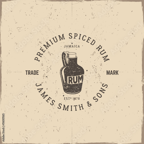 Vintage handcrafted pirate rum emblem, alcohol label, logo. Isolated on a scratched paper background. Sketching filled style. Pirate and sea symbols - old rum bottle. Good for tavern, cafe. Vector