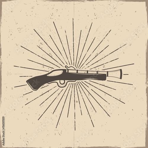 Vintage postol label, poster. Old ammunition with grunge effects and sun bursts. Retro hand made style isolated on a scratched paper background. . For tee design, t-shirt, web projects.