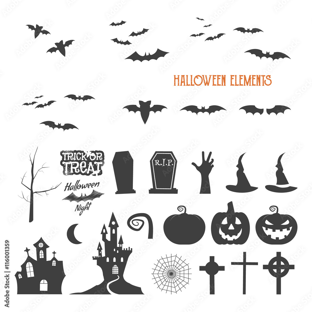 Set of halloween design creation tool kit. Icons isolate. Flat holiday  design creator. Party symbols - pumpkin, bat, witches hat, vampire house,  lonely tree. Create own scary design, tee, t-shirt Stock Vector