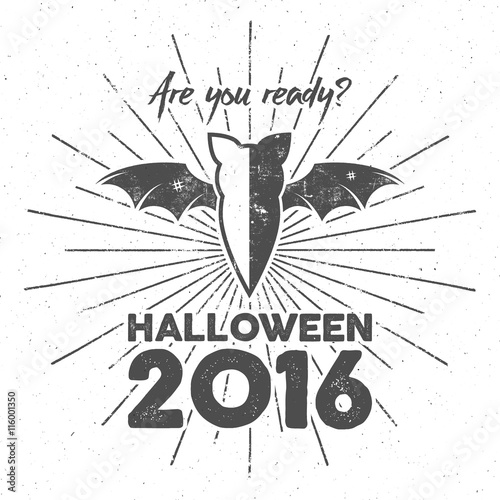 Happy Halloween 2016 Poster. Are you ready lettering and halloween holiday symbols - bat, pumpkin, hand, witch hat, spider web and other. Retro banner, party flyer design. Vector illustration.