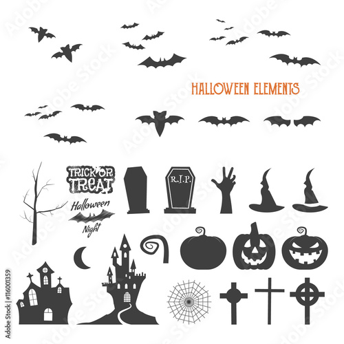 Set of halloween design creation tool kit. Icons isolate. Flat holiday design creator. Party symbols - pumpkin, bat, witches hat, vampire house, lonely tree. Create own scary design, tee, t-shirt