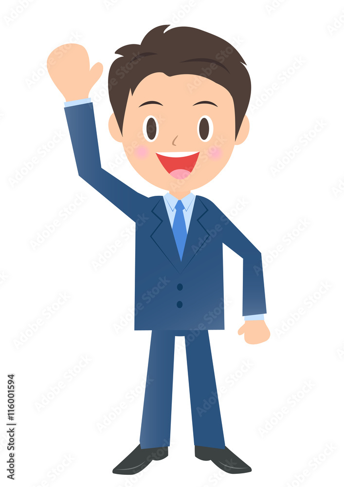手を上げて挨拶するビジネスマン、男性会社員のイラスト素材、三頭身