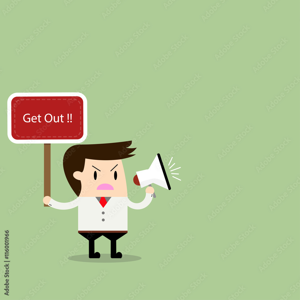 Man speaking in a megaphone and holding a signboard that say Get Man speaking in a megaphone and holding a signboard that say Get