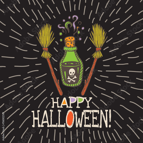 Halloween card with hand drawn magic potion bottle and broom