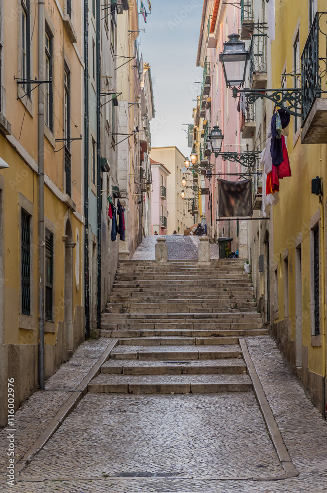 Narrow street in Bairro Alto, Lisbon, Portugal