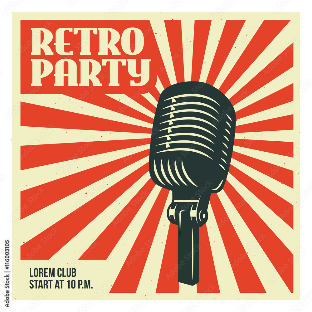 Retro party poster template with old microphone. Vector vintage ...