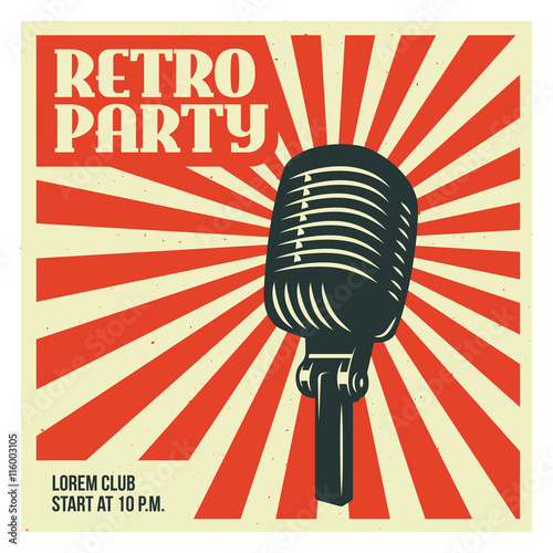 Retro party poster template with old microphone. Vector vintage illustration.
