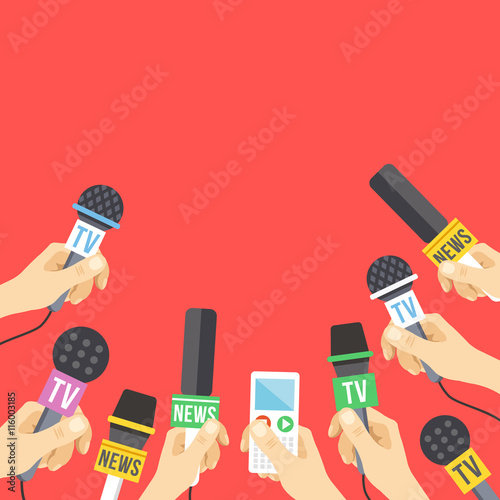 Hands with microphones. Journalism, live report, hot news concept. A lot of hands holding microphones and audio recorders. Modern flat design vector illustration