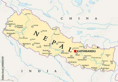 Nepal political map with capital Kathmandu, national borders, cities and rivers. Federal democratic republic and landlocked country in South Asia, bordered to China and India. English labeling.