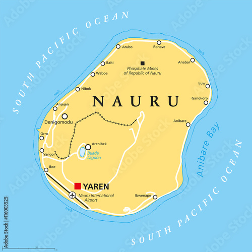 Nauru political map with de facto capital Yaren and important settlements. Republic in Micronesia in the Central Pacific. Island country, formerly known as Pleasant Island. English labeling. photo