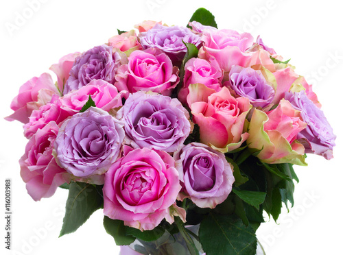 bouquet of fresh pink and violet fresh roses closeup isolated on white background
