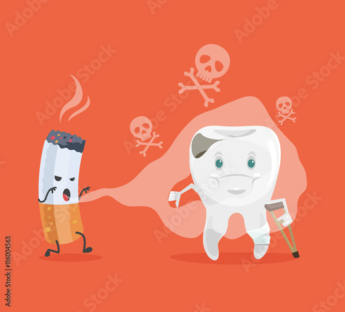 Tooth and cigarette characters. Vector flat cartoon illustration