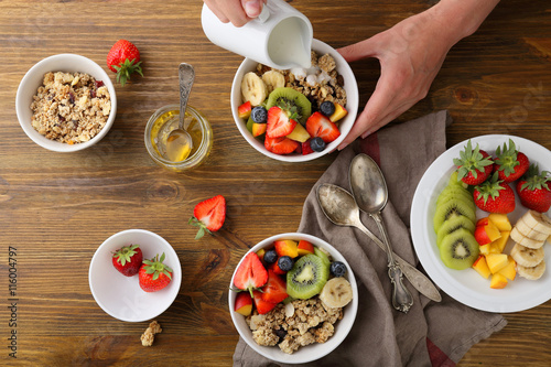 two breakfast bowl with fruits