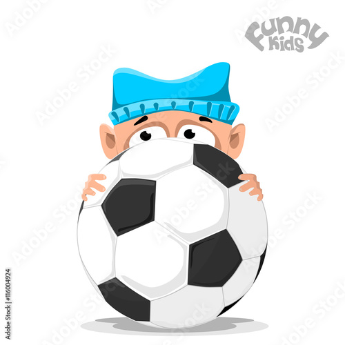Fototapeta Naklejka Na Ścianę i Meble -  Baby in a hat with soccer ball. Flat illustration.
