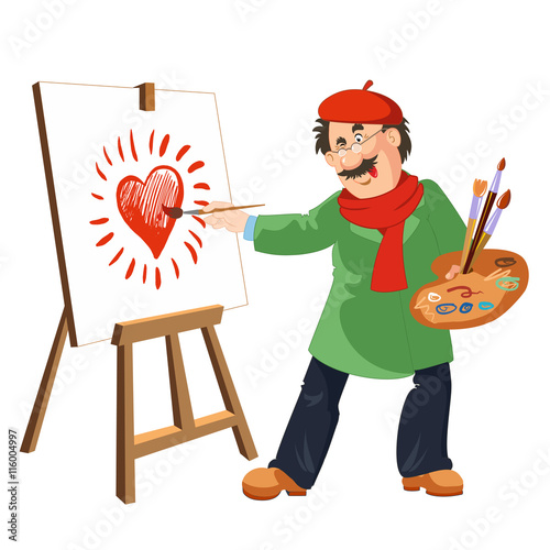 Painter draws shining heart. The easel, palette, brushes and paints.