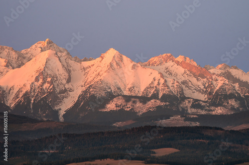Morning panorama of snowy Tatra mountains
