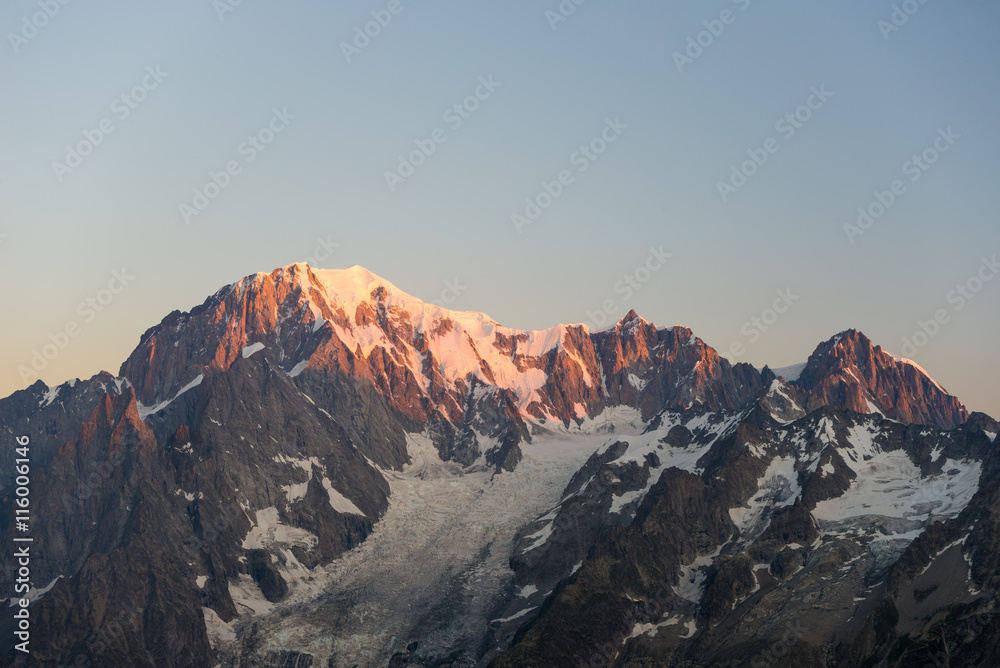 Monte Bianco or Mont Blanc at sunrise, italian side
