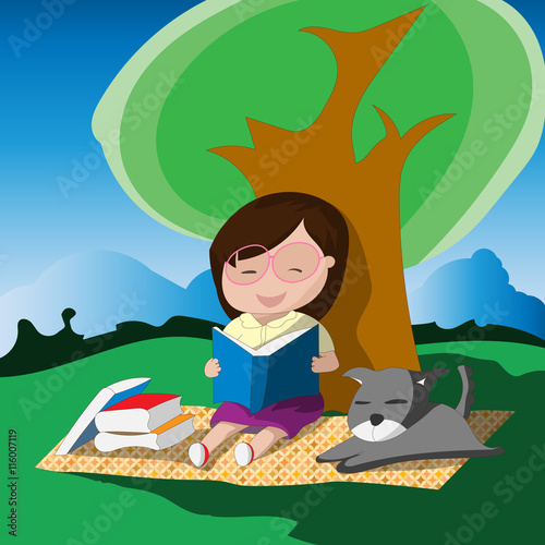Young girl with glasses reading a book below the tree with her dog. Vector illustration. EPS10