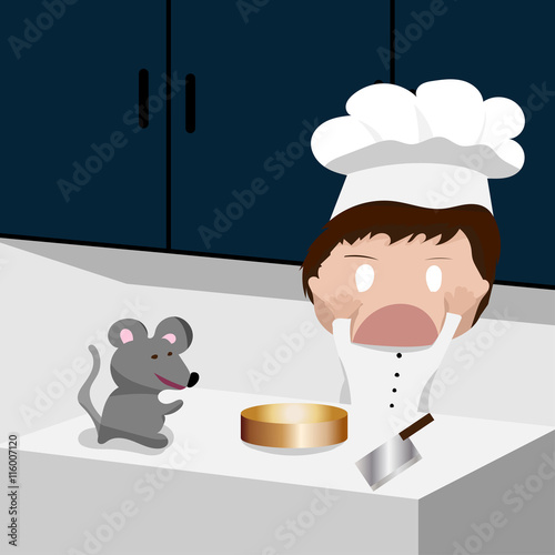 Chef in Chef's hat with cared face when rat appeared on the counter. Vector illustration. EPS10