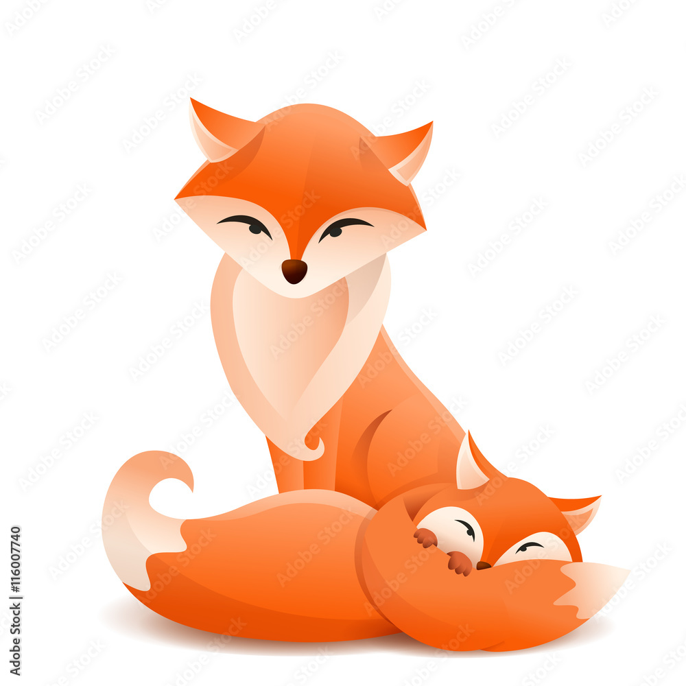 Obraz premium Mother and kid Foxes. Vector illustration