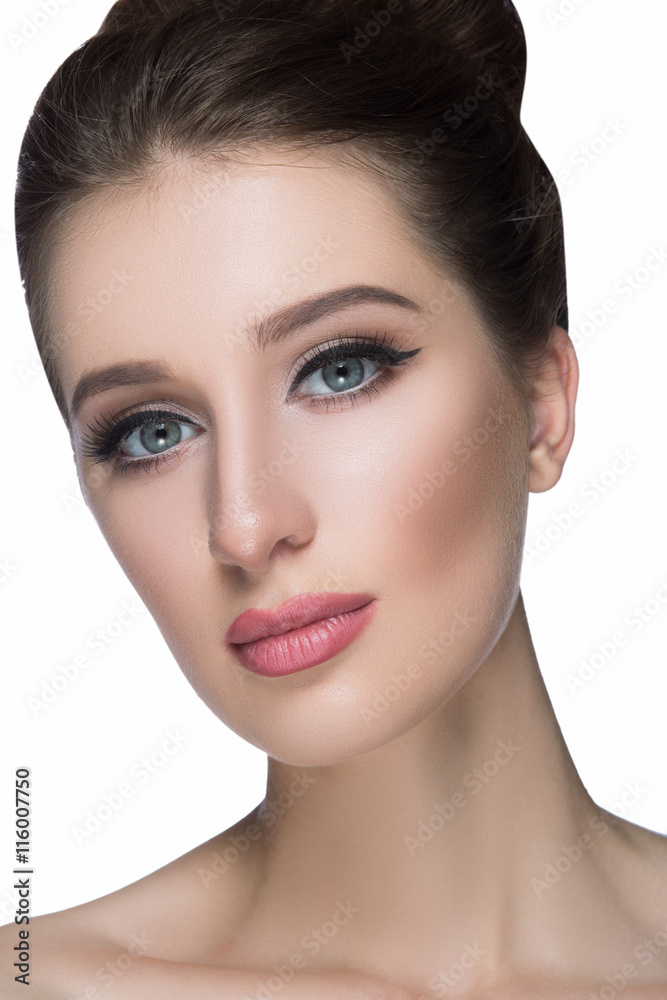 Beauty Woman face Portrait. Beautiful Spa model Girl with Perfect Fresh Clean Skin. Brunette female looking at camera and smiling. Youth Care Concept. Isolated on a white background Beauty Woman face Portrait. Beautiful Spa model Girl with Perfect Fresh Clean Skin. Brunette female looking at camera and smiling. Youth Care Concept. Isolated on a white background