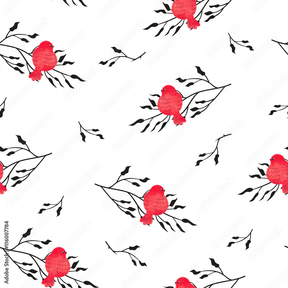 Obraz Seamless pattern with cute red watercolor birds and black branches isolated on white. Vector background.