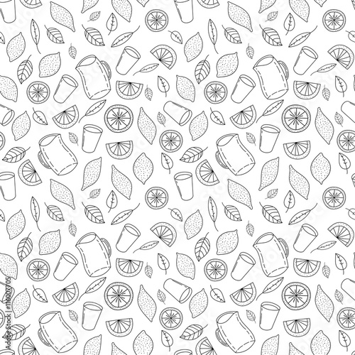 Fresh and tasty lemonade, water, drink, juice hand drawn seamless pattern.