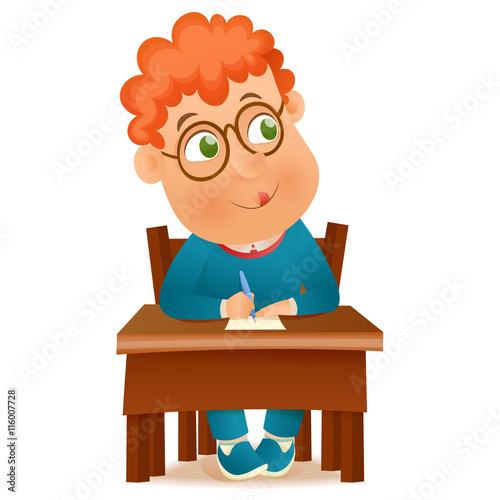 vector illustration of school boy sitting at table