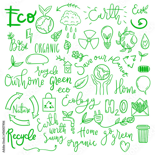 Set of drawn by hand ecology simple line doodle illustrations.