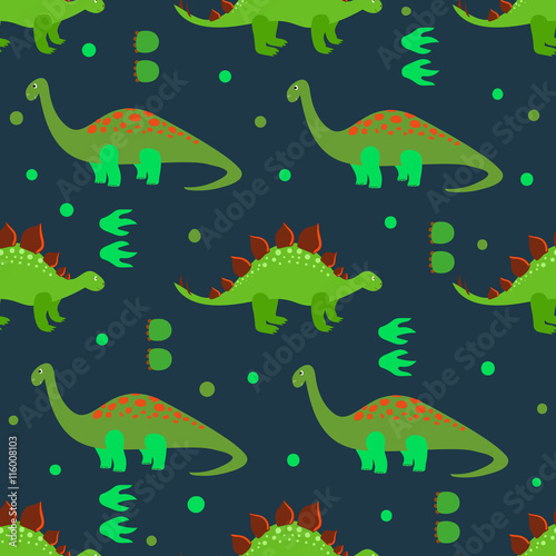 Cute dinosaurs seamless pattern. Vector background with cartoon green dinosaurs and footprints on dark.