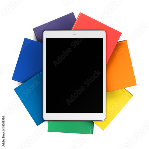 Free Download tablet on a stack of books in the form of flower isolated on whi - GFXLoad