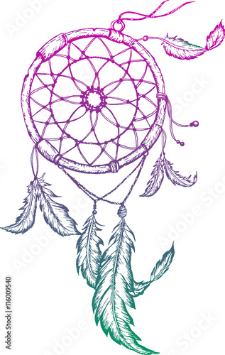 Hand-drawn dreamcatcher with feathers. Ethnic illustration, tribal