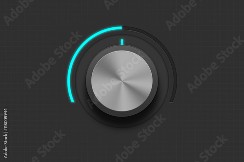 Technology music button (volume settings, sound control knob) with metal texture (stainless, steel, chrome), shadow and light background for internet sites, web interfaces (ui) and applications (apps) photo