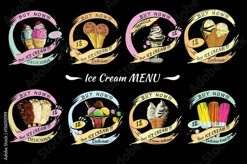 Set Ice Cream for sale with price. Hand drawn template menu, bro