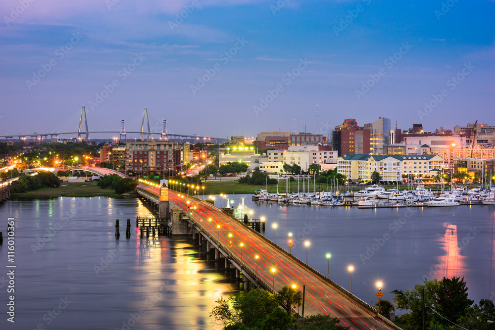 Charleston, South Carolina, USA skyline over the river.