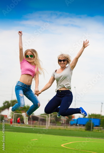  Woman, girl, sunglasses, full height, jumping, fun