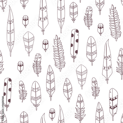Vector hand drawn seamless patterns with feathers